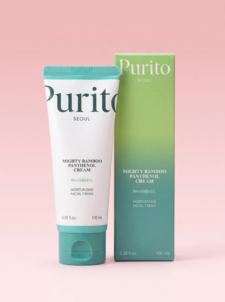 Purito Seoul Mighty Bamboo Panthenol Cream. Tubo de crema reparadora facial exhibido junto a su empaque original.