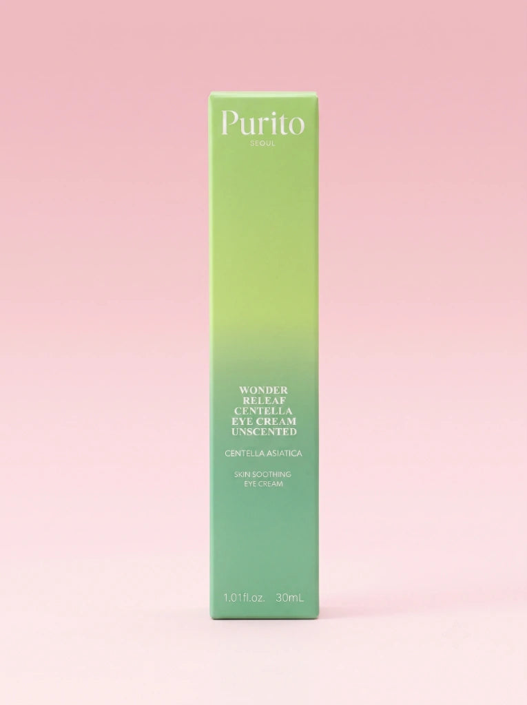 Purito Seoul Wonder Releaf Centella Eye Cream Unscented. Caja exterior de cartón del producto coreano calmante.