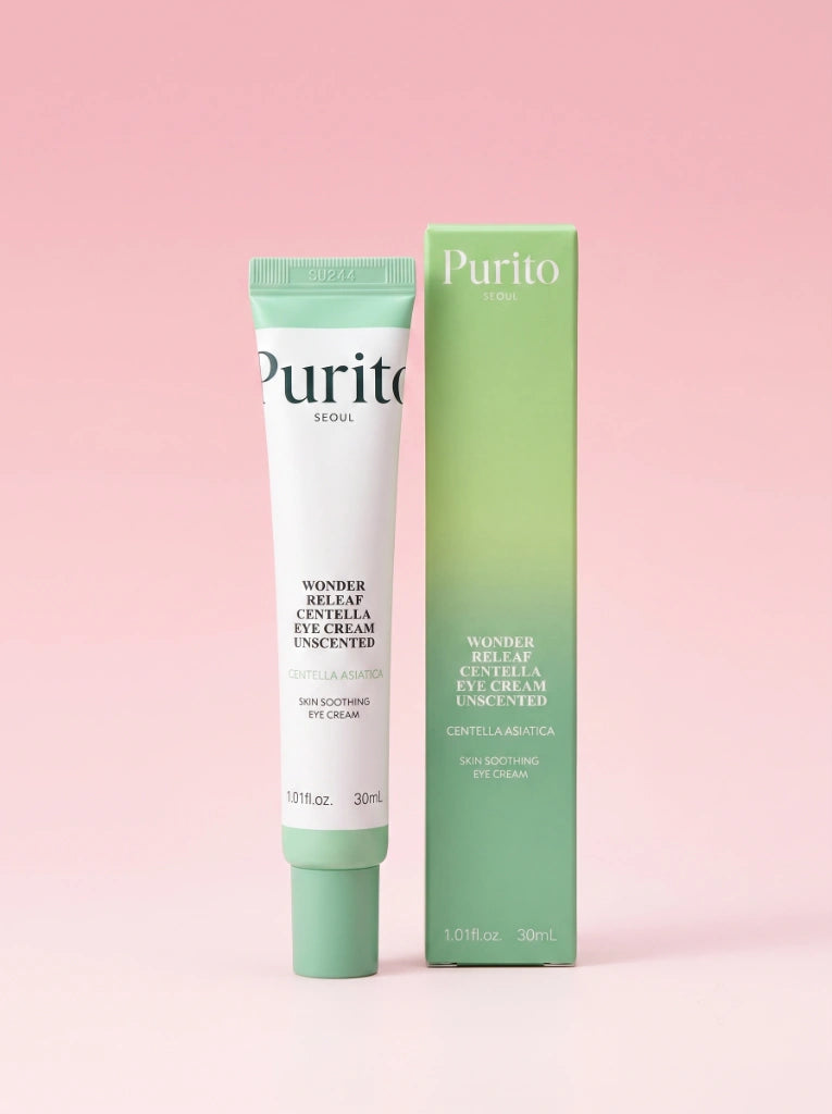 Purito Seoul Wonder Releaf Centella Eye Cream Unscented. El tubo del contorno de ojos junto a su empaque original.