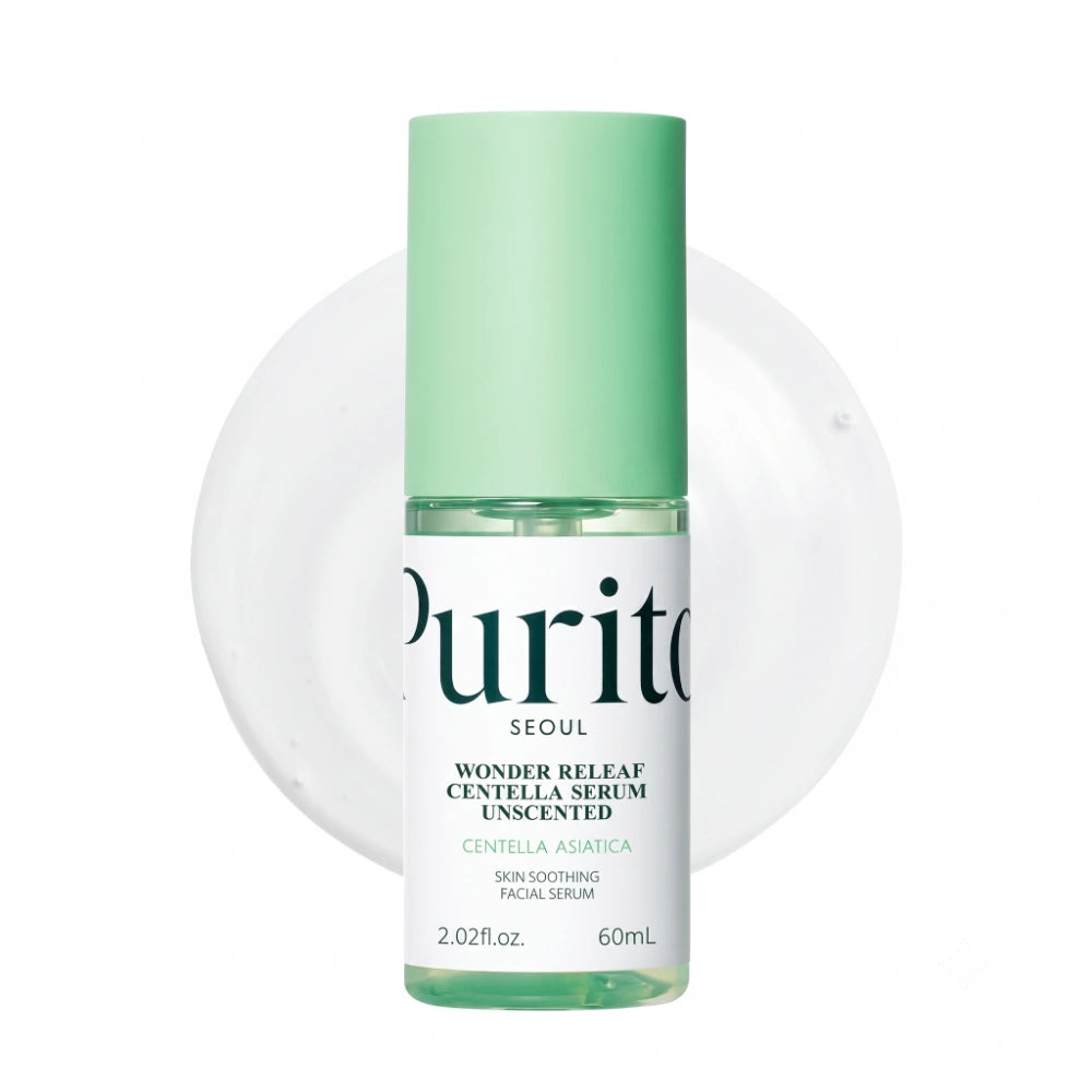 Purito Seoul Wonder Releaf Centella Serum Unscented. Envase principal del sérum facial calmante para piel sensible.