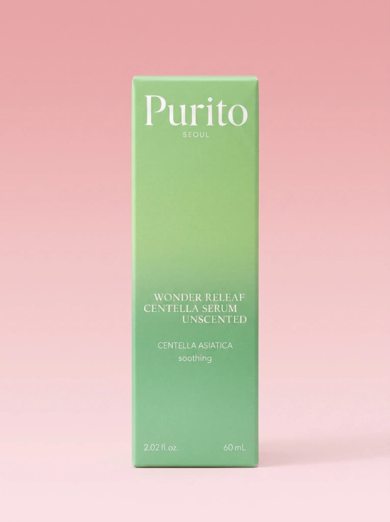 Purito Seoul Wonder Releaf Centella Serum Unscented. Caja exterior de cartón del producto coreano para rojeces.
