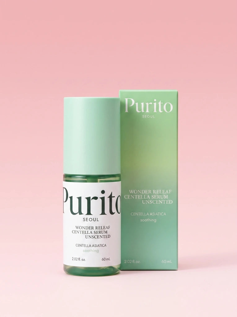 Purito Seoul Wonder Releaf Centella Serum Unscented. El frasco de sérum sin fragancia junto a su empaque original.