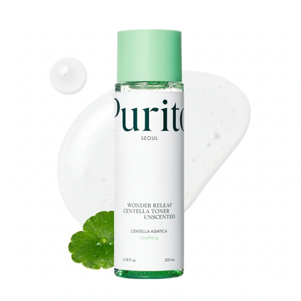 Purito Seoul Wonder Releaf Centella Toner Unscented. Envase principal del tónico facial calmante para piel sensible.