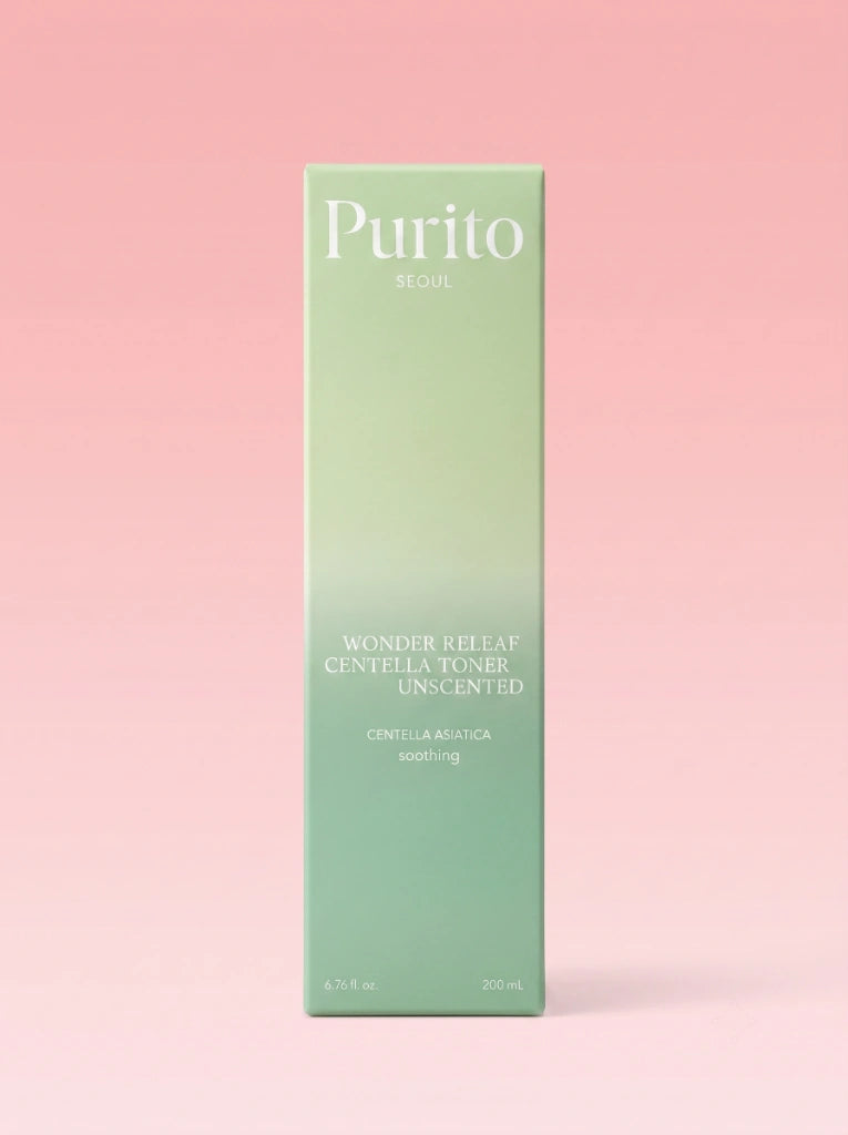Purito Seoul Wonder Releaf Centella Toner Unscented. Caja exterior de cartón de este producto coreano con centella.