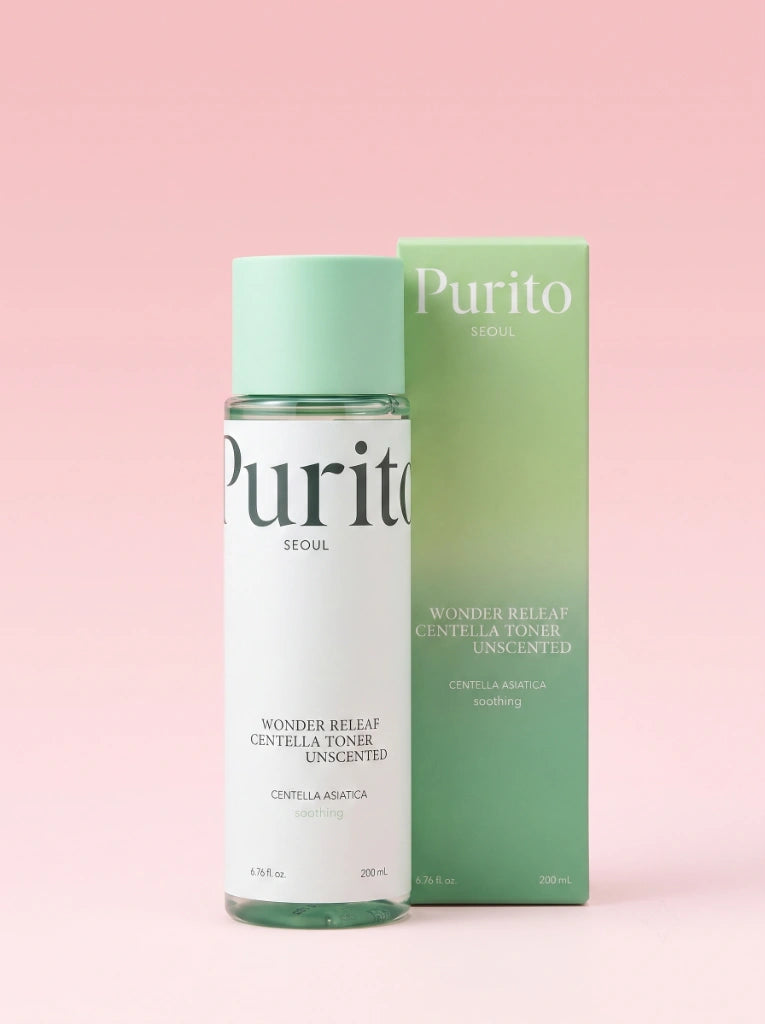 Purito Seoul Wonder Releaf Centella Toner Unscented. El frasco del tónico facial junto a su empaque original.