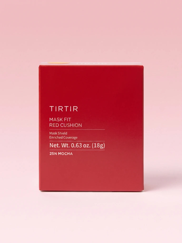 Tirtir Mask Fit Red Cushion 25N Mocha. Estuche abierto mostrando la borla y el tono de la base en estudio.