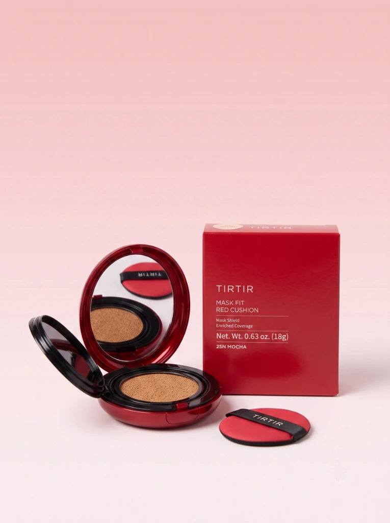 Tirtir Mask Fit Red Cushion 25N Mocha. El estuche rojo de la base exhibido junto a su empaque original.