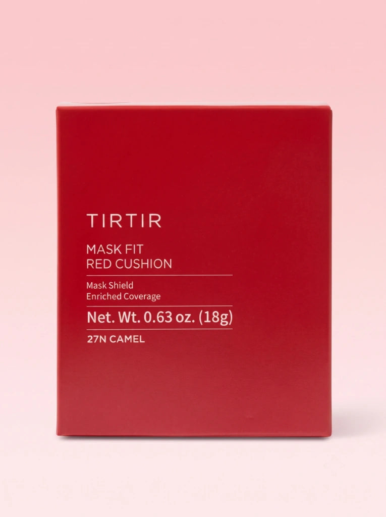 Tirtir Mask Fit Red Cushion 27N Camel. Estuche abierto mostrando la borla y el tono de la base en estudio.