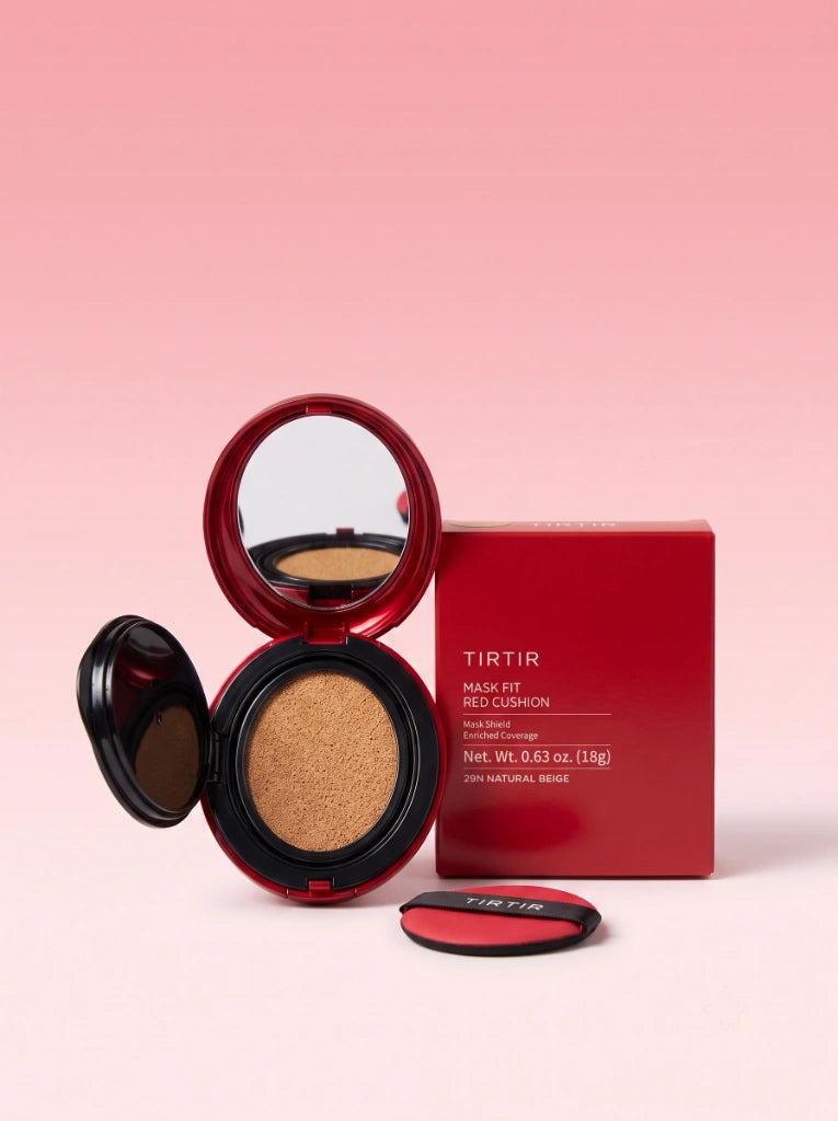 Tirtir Mask Fit Red Cushion 29N Natural Beige. El estuche rojo de la base exhibido junto a su empaque original.