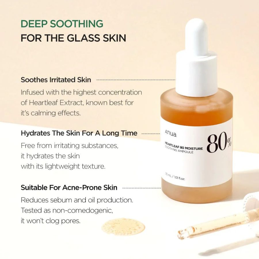 La Anua Heartleaf 80% Moisture Soothing Ampoule es el paso de tratamiento pesado para las pieles que están en crisis