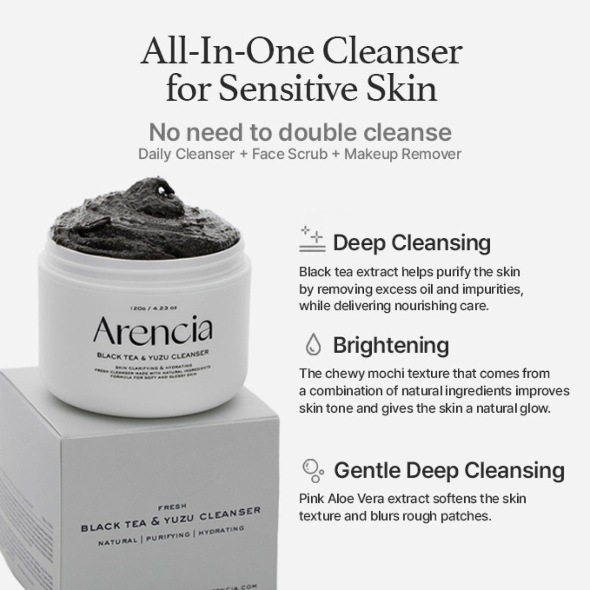 El Arencia Black Tea & Yuzu Rice Mochi Cleanser es la tercera joya de la corona de esta línea artesanal