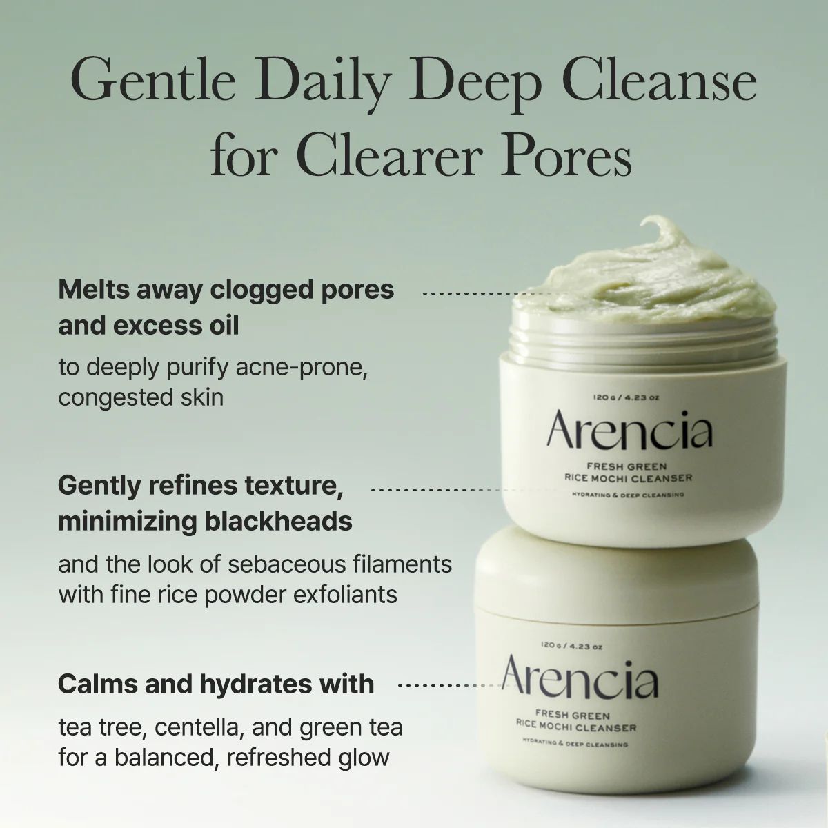 El Arencia Fresh Green Rice Mochi Cleanser pertenece a la familia de limpiadores "frescos" de 120g de la marca