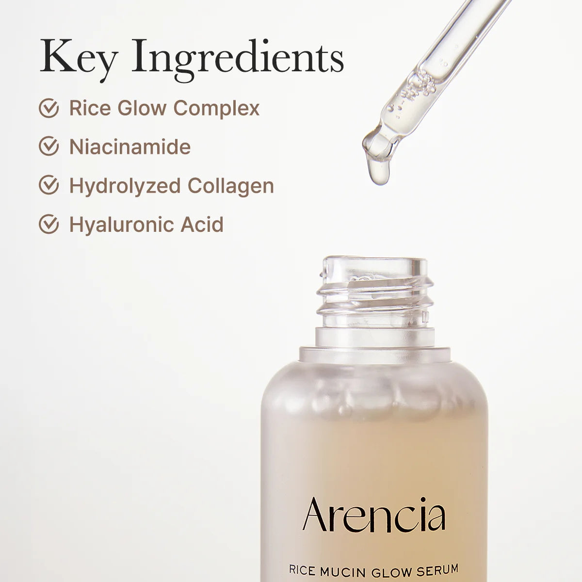 El Arencia Rice Mucin Glow Serum es la respuesta definitiva para un público muy específico: aquellas clientas que mueren por tener los resultados hidratantes y el efecto "Glass Skin" de la mucina de caracol, pero que son alérgicas, les da impresión o prefieren cosmética 100% vegana