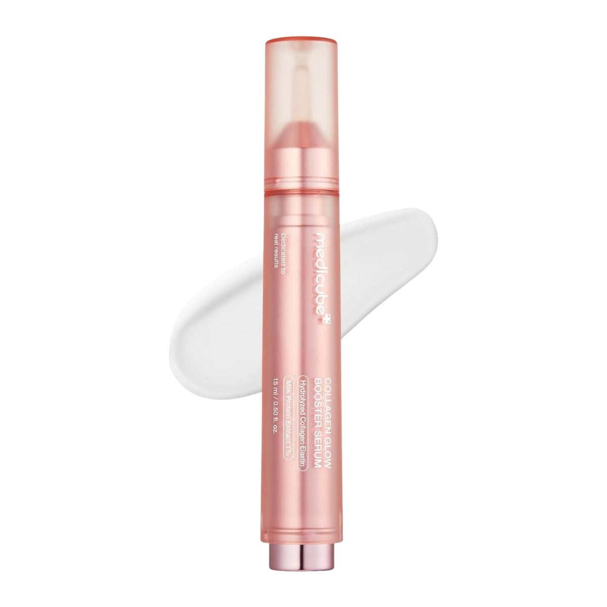Medicube Collagen Glow Booster Serum. Envase del sérum iluminador de colágeno coreano, toma frontal principal.