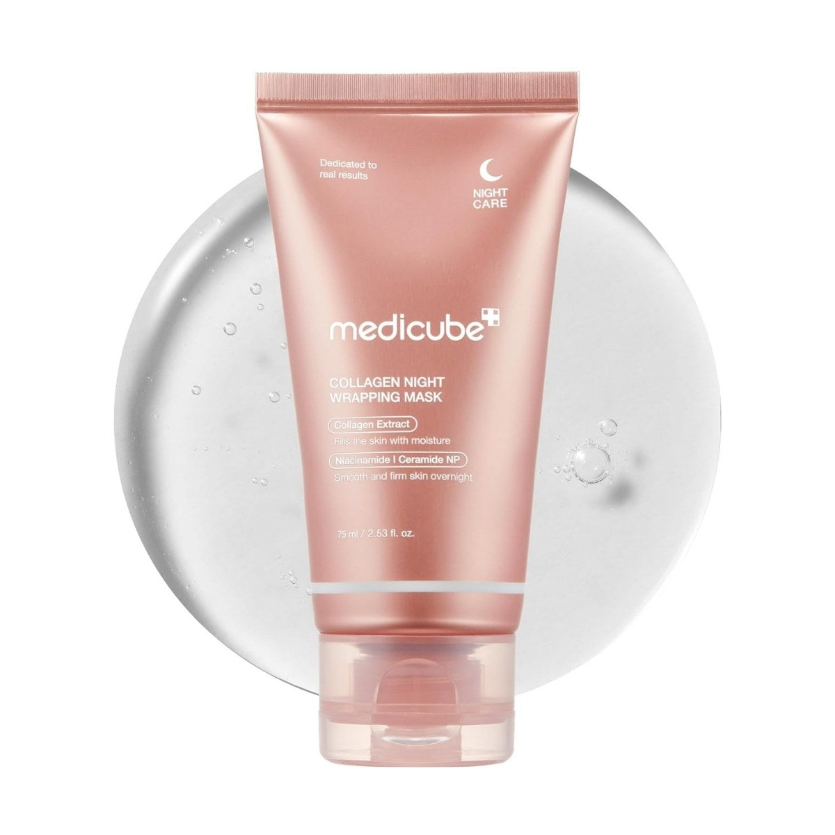 Medicube Collagen Night Wrapping Mask. Envase de la mascarilla nocturna de colágeno coreana, toma frontal.