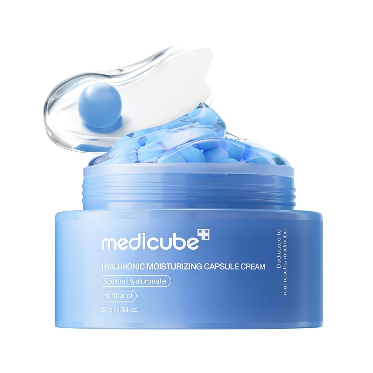 Medicube Hyaluronic Moisturizing Capsule Cream. Envase de crema hidratante coreana con ácido hialurónico, toma frontal.