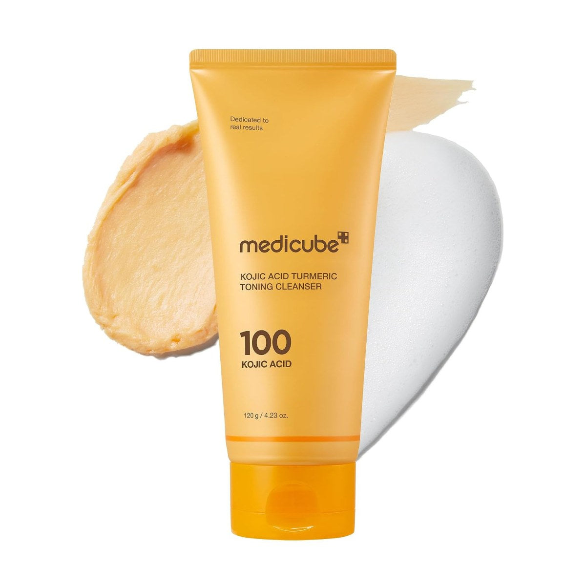 Medicube Kojic Acid Turmeric Toning Cleanser. Envase del limpiador facial antimanchas con cúrcuma, toma frontal.