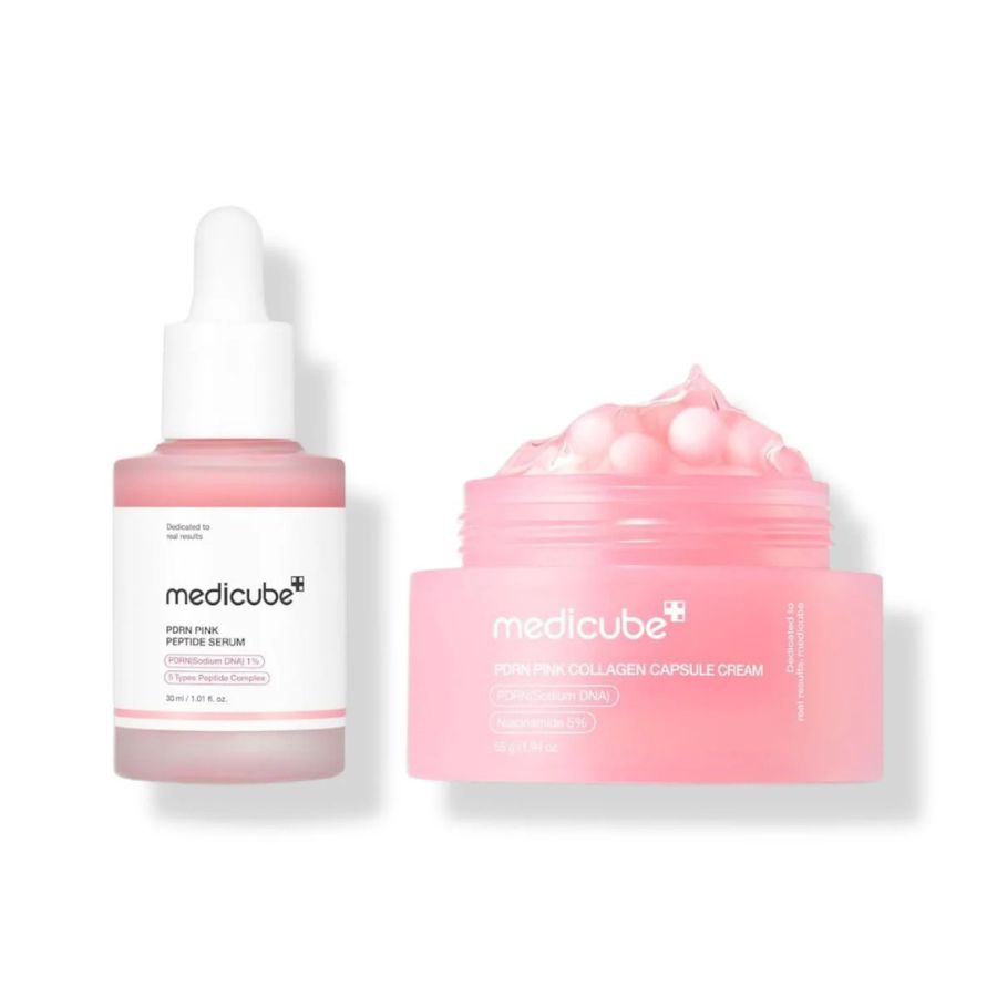 Pack rutina facial firmeza Medicube PDRN serum y crema rosa
