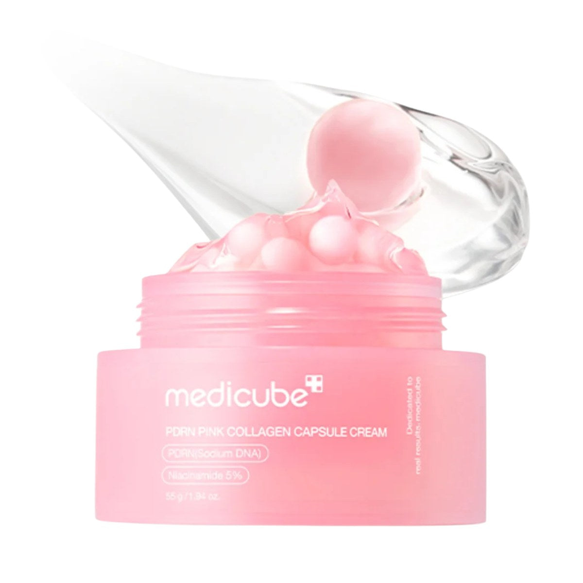 Medicube PDRN Pink Collagen Capsule Cream. Envase de la crema antiedad coreana con colágeno, toma frontal principal.
