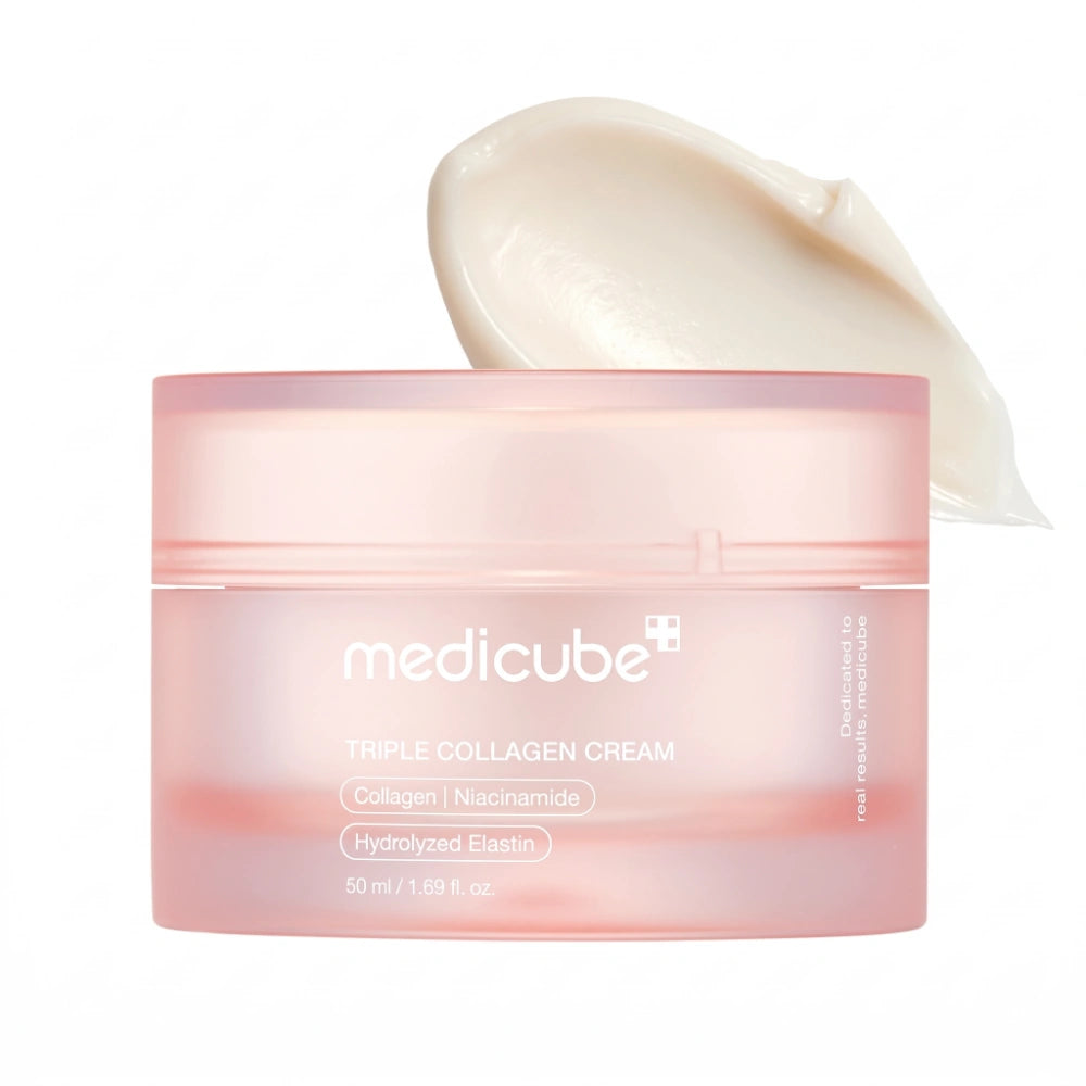 Medicube Triple Collagen Cream 4.0. Envase de la crema facial de colágeno coreana, toma frontal principal.