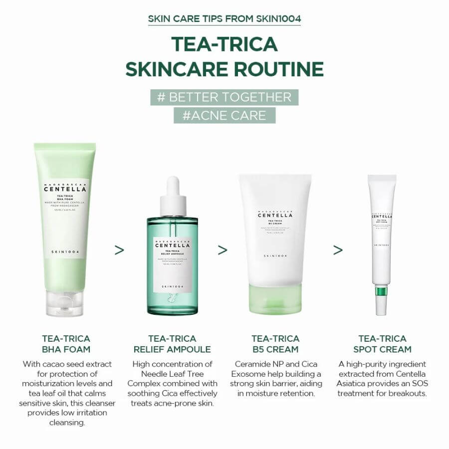 Rutina Completa Skin1004 Tea-Trica BHA Foam para acné y piel grasa